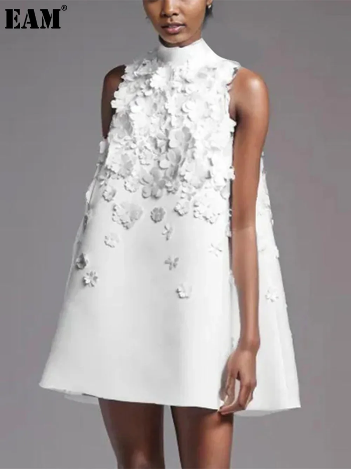 Stand collar loose skirt  new design sense nail bead three-dimensional flower sleeveless dress woman DLZ038