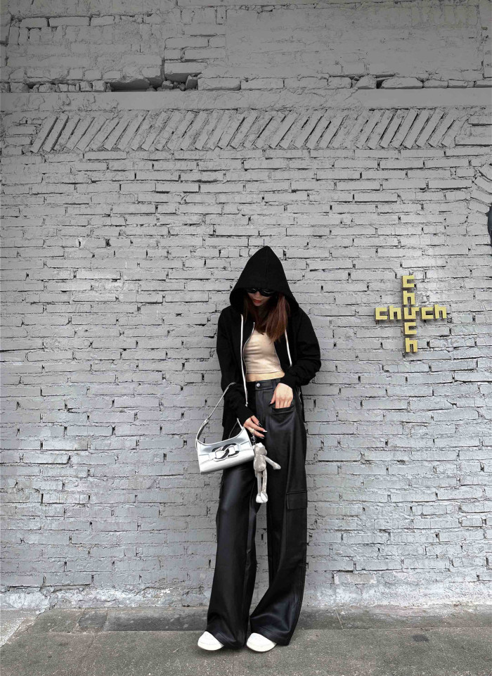 {EAM} Black zip-up cardigan hooded long-sleeved hoodie jacket DLZ68