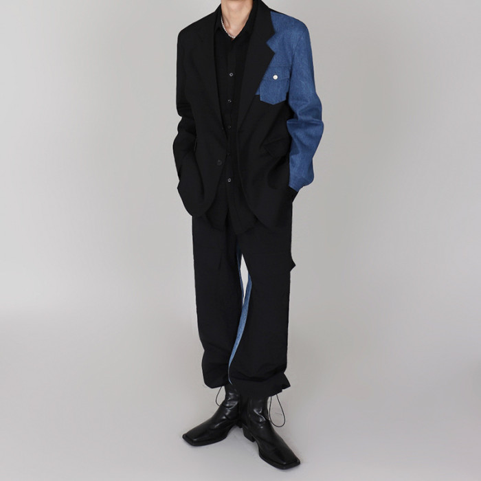 {EAM} Suit men's top spring denim splicing small suit jacket Korean version of high-grade sense of plankton handsome single suit DLZ93