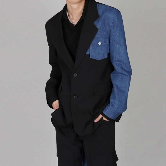 {EAM} Suit men's top spring denim splicing small suit jacket Korean version of high-grade sense of plankton handsome single suit DLZ93