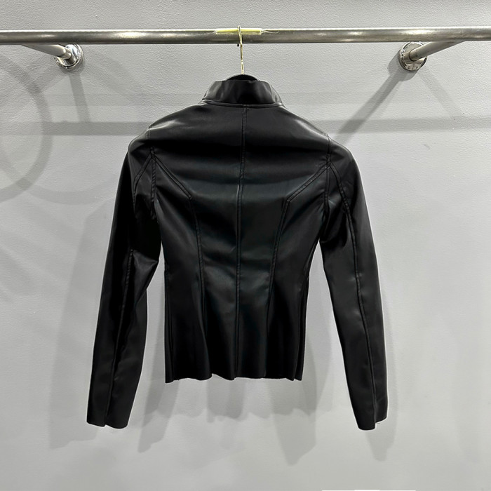 {EAM} 2024 Spring Summer PU leather slim-fit body thin material diagonal zipper high-neck leather jacket DLZ69