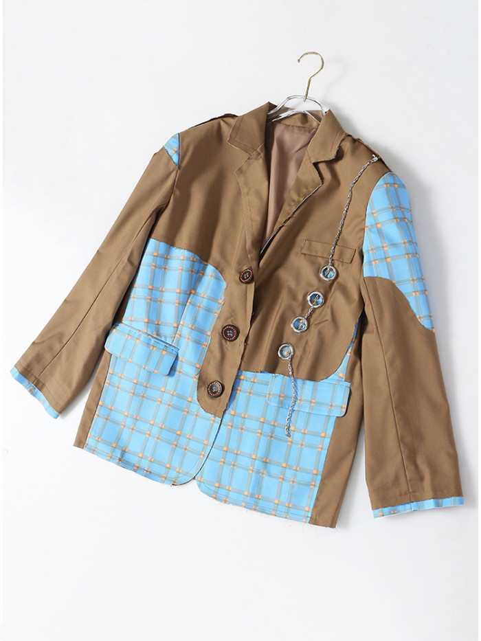 [EAM]  Women Khaki Plaid Color-block Big Size Blazer New Lapel Long Sleeve Loose Fit  Jacket Fashion Spring Autumn 2024 1Z176
