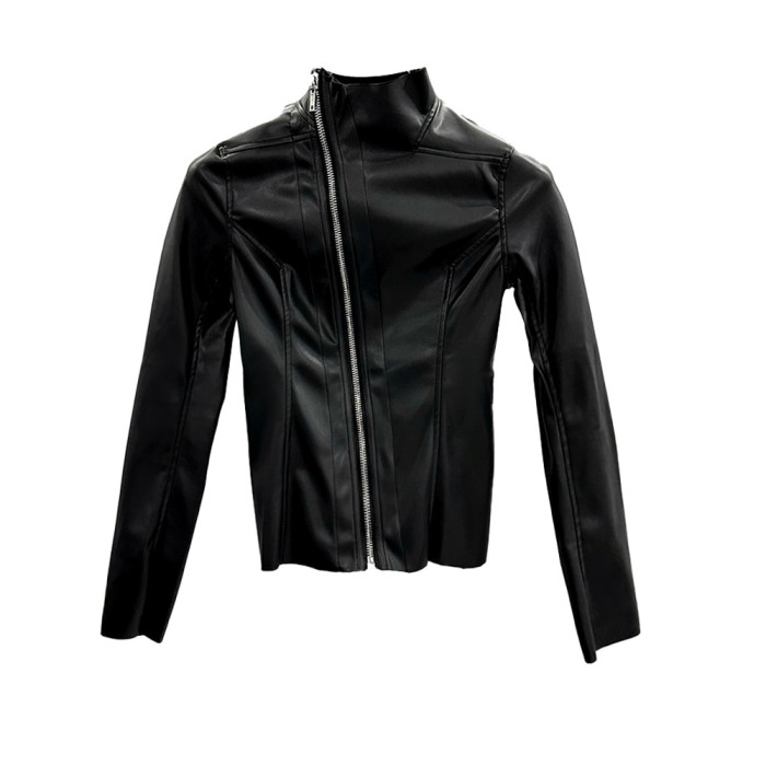{EAM} 2024 Spring Summer PU leather slim-fit body thin material diagonal zipper high-neck leather jacket DLZ69