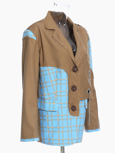 [EAM]  Women Khaki Plaid Color-block Big Size Blazer New Lapel Long Sleeve Loose Fit  Jacket Fashion Spring Autumn 2024 1Z176