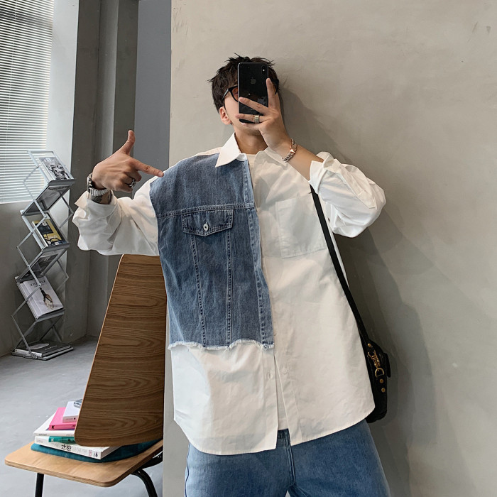 {EAM} Spring and autumn vintage long-sleeved shirt men loose niche design sense color patchwork denim shirt coat trend DLZ138