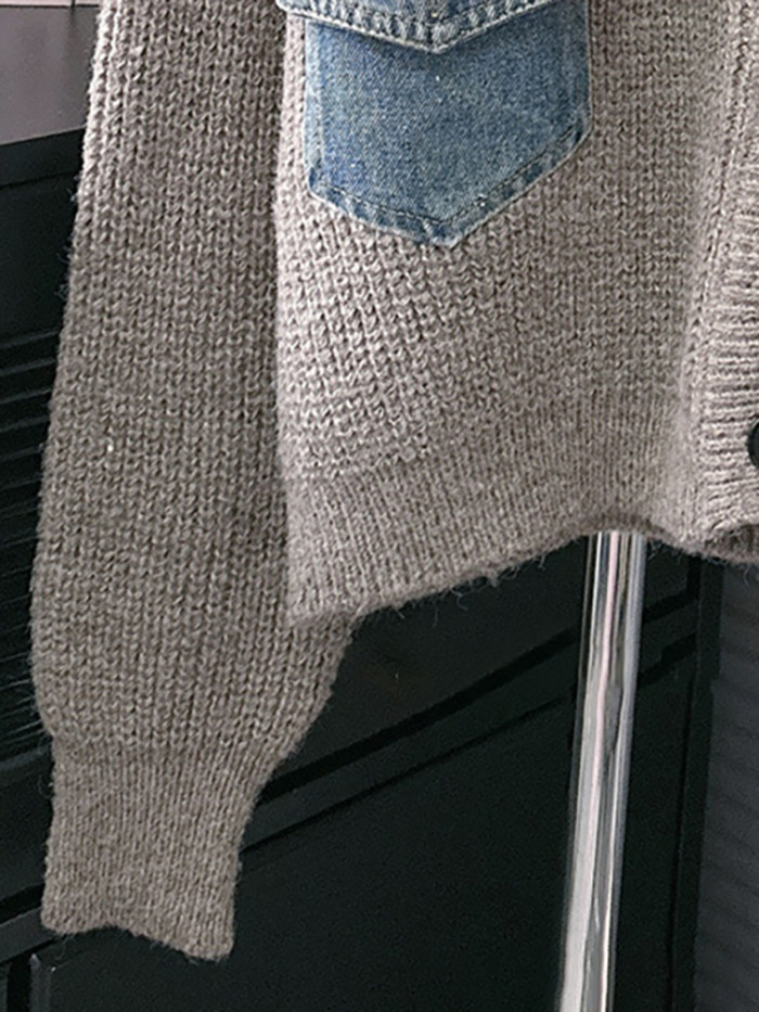 DEAT Women's Cardigan Knitted Patchwork Denim Irregular Design Single Breasted V-neck Loose Sweater 2024 Autumn New Fashion29L822112