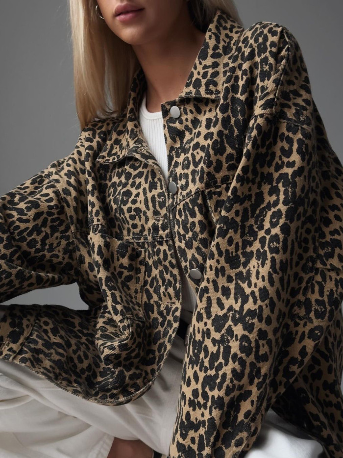 {EAM} Senior sense of European and American wind leopard-print denim coat women spring 2024 new relaxed casual all fashion cardigan women DLZ133