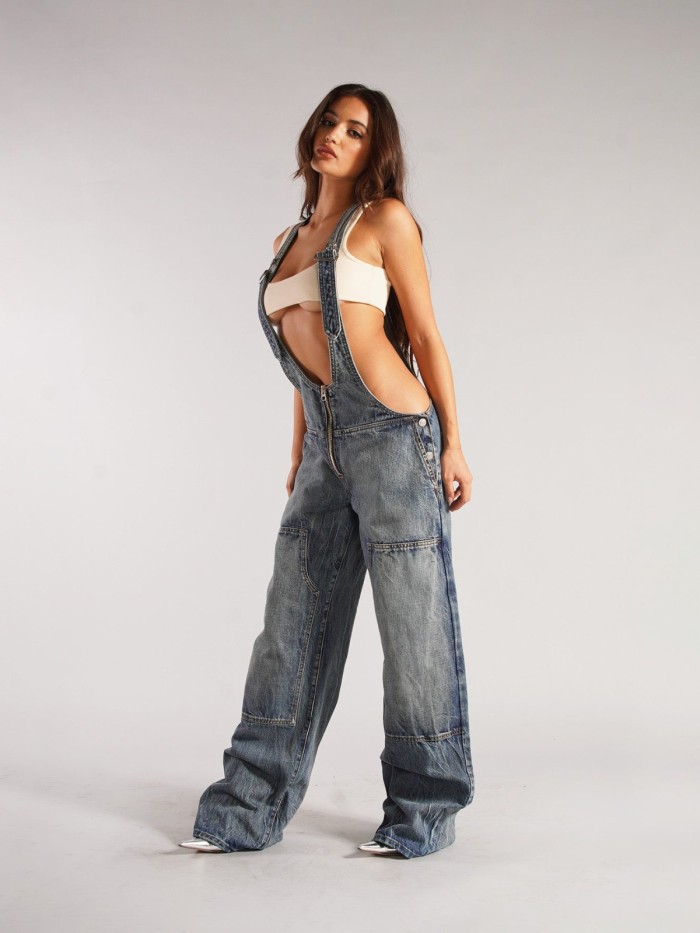 {EAM} European and American style zipper cowboy overpants women's fall loose casual pocket wide leg long Women's autumn pants DLZ130