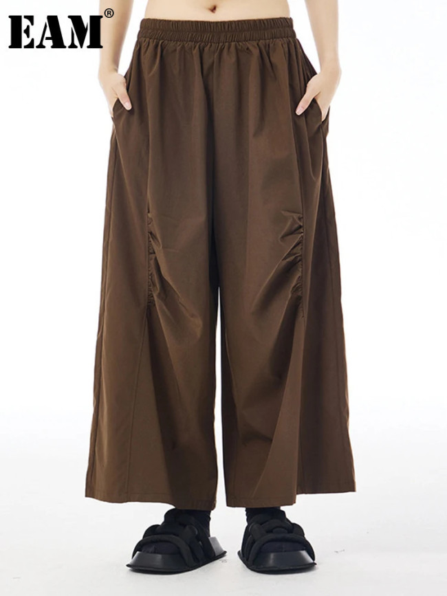 EAM High Elastic Waist Coffee Pleated Pocket Long Wide Leg Pants New Trousers Women Fashion Tide Spring Autumn 2024 1DH7421