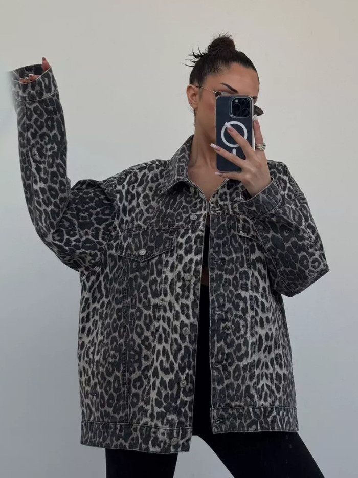 {EAM} Senior sense of European and American wind leopard-print denim coat women spring 2024 new relaxed casual all fashion cardigan women DLZ133