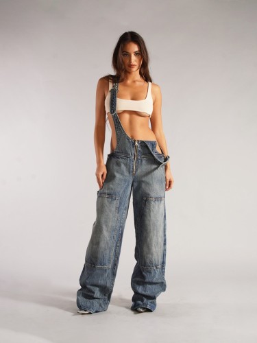 {EAM} European and American style zipper cowboy overpants women's fall loose casual pocket wide leg long Women's autumn pants DLZ130