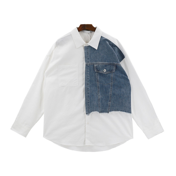 {EAM} Spring and autumn vintage long-sleeved shirt men loose niche design sense color patchwork denim shirt coat trend DLZ138