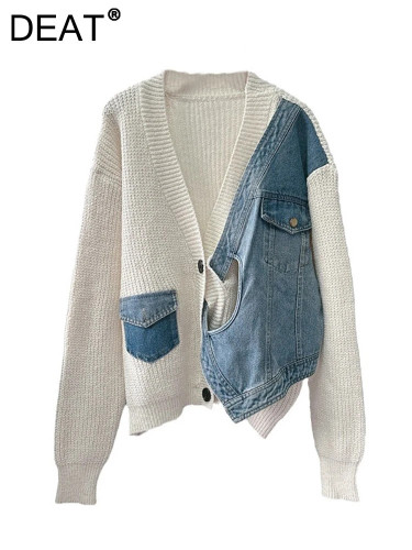 DEAT Women's Cardigan Knitted Patchwork Denim Irregular Design Single Breasted V-neck Loose Sweater 2024 Autumn New Fashion29L822112