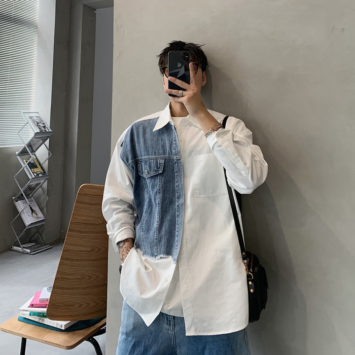 {EAM} Spring and autumn vintage long-sleeved shirt men loose niche design sense color patchwork denim shirt coat trend DLZ138