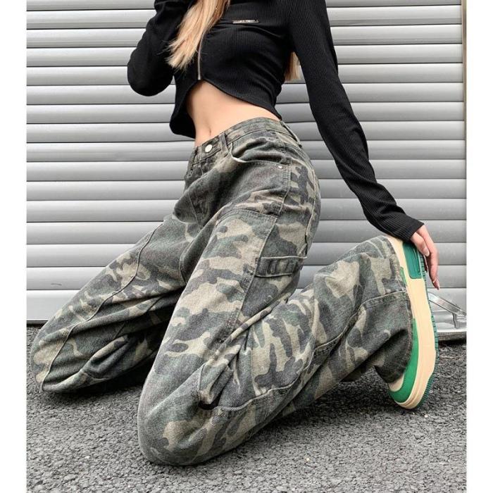 {EAM} American hiphop camouflage cargo pants female fat mm spring loose straight leg jeans show slim high waist wide leg pants trend DLZ137