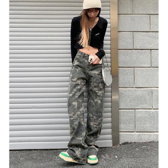 {EAM} American hiphop camouflage cargo pants female fat mm spring loose straight leg jeans show slim high waist wide leg pants trend DLZ137