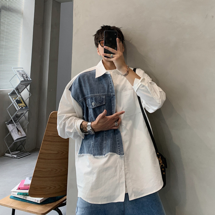 {EAM} Spring and autumn vintage long-sleeved shirt men loose niche design sense color patchwork denim shirt coat trend DLZ138
