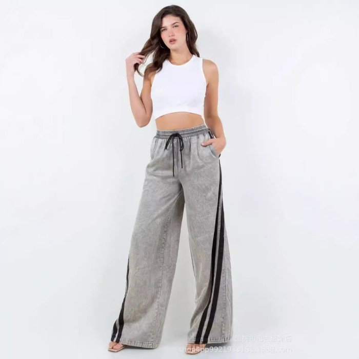 {EAM} Wide-leg pants casual elasticated waist two bar jeans Hottie DLZ125