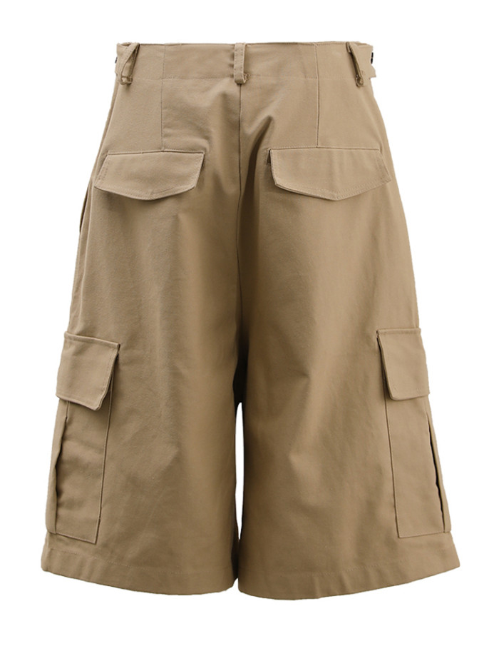 [EAM] High Waist Khaki Pocket Shaped Casual Calf-Length Cargo Pants New Trousers Women Fashion Tide Spring Summer 2024 CPG1600