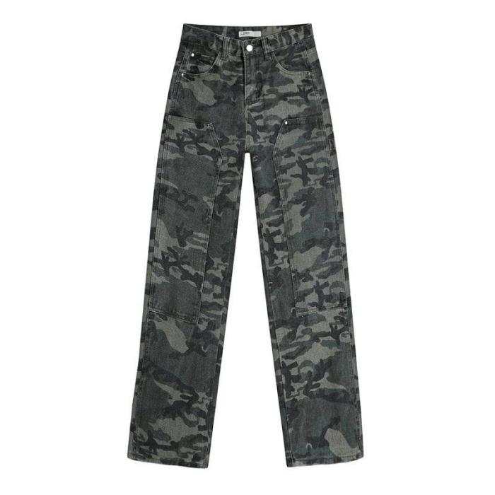 {EAM} American hiphop camouflage cargo pants female fat mm spring loose straight leg jeans show slim high waist wide leg pants trend DLZ137