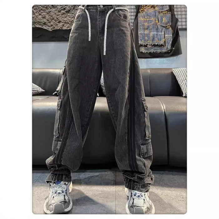 {EAM} European cargo bars overalls women 2024 autumn new design sense of multi-pocket waist special belt denim pants DLZ166