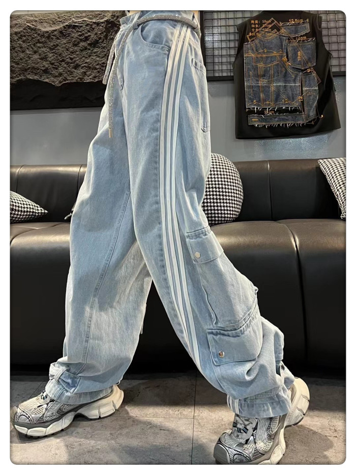 {EAM} European cargo bars overalls women 2024 autumn new design sense of multi-pocket waist special belt denim pants DLZ166