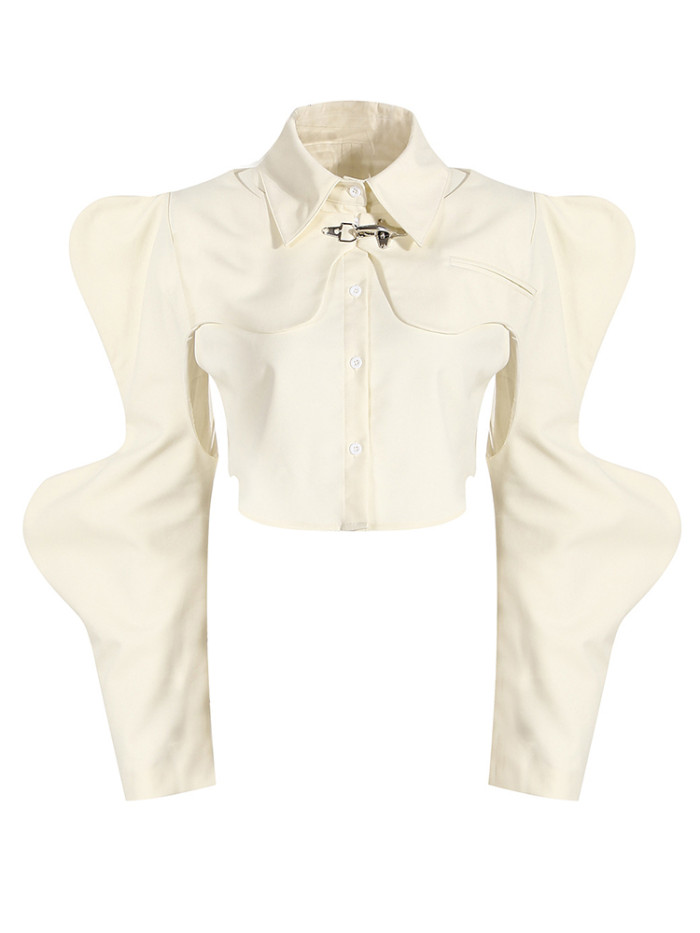 EAM Women Black Shaped Irregular Short Blouse New Lapel Long Sleeve Loose Fit Shirt Fashion Tide Spring Autumn 2024 1DE7398