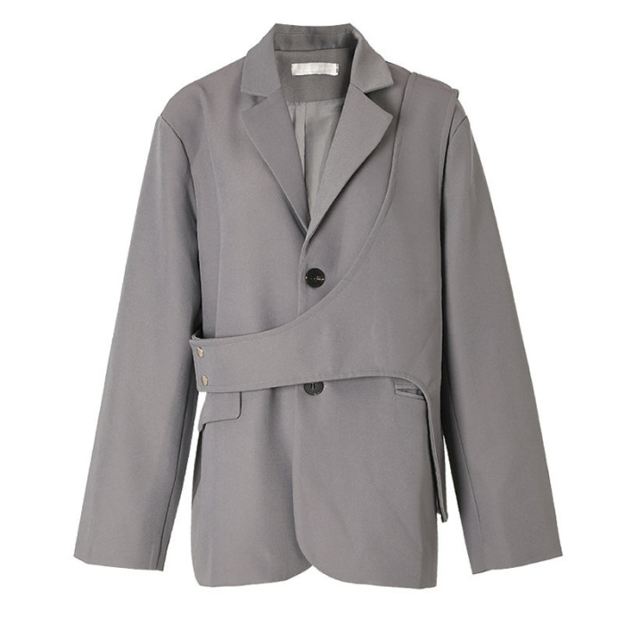 [EAM]  Women Gray Irregular Big Size Blazer New Lapel Long Sleeve Loose Fit Jacket Fashion Tide Spring Autumn 2024 1DF3051