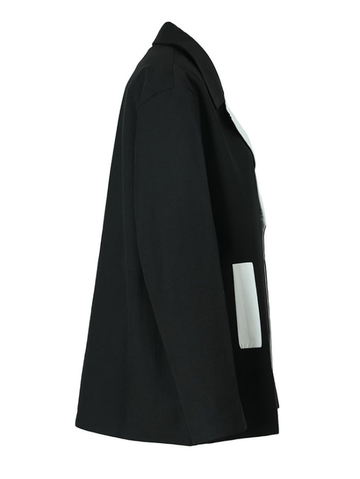[EAM]  Women Black Color-block Big Size Blazer New Lapel Long Sleeve Loose Fit Jacket Fashion Tide Spring Autumn 2024 1DF3085