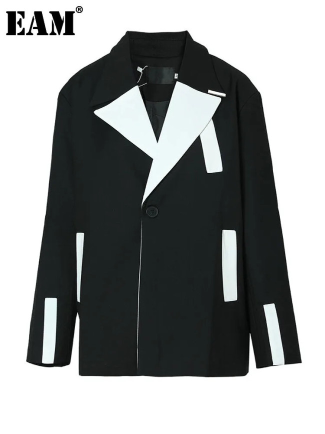 [EAM]  Women Black Color-block Big Size Blazer New Lapel Long Sleeve Loose Fit Jacket Fashion Tide Spring Autumn 2024 1DF3085