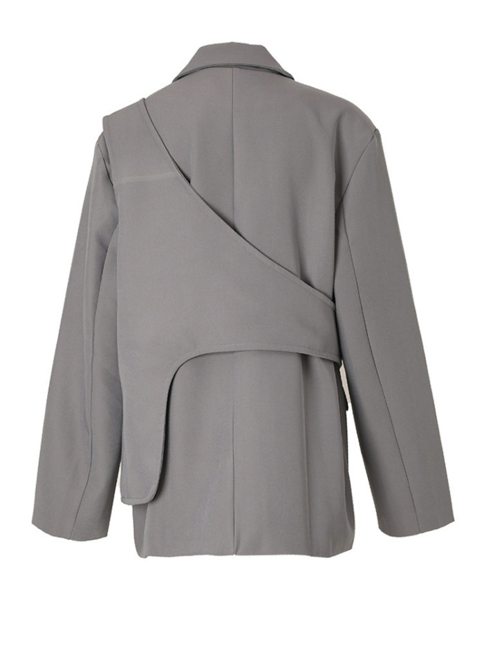 [EAM]  Women Gray Irregular Big Size Blazer New Lapel Long Sleeve Loose Fit Jacket Fashion Tide Spring Autumn 2024 1DF3051