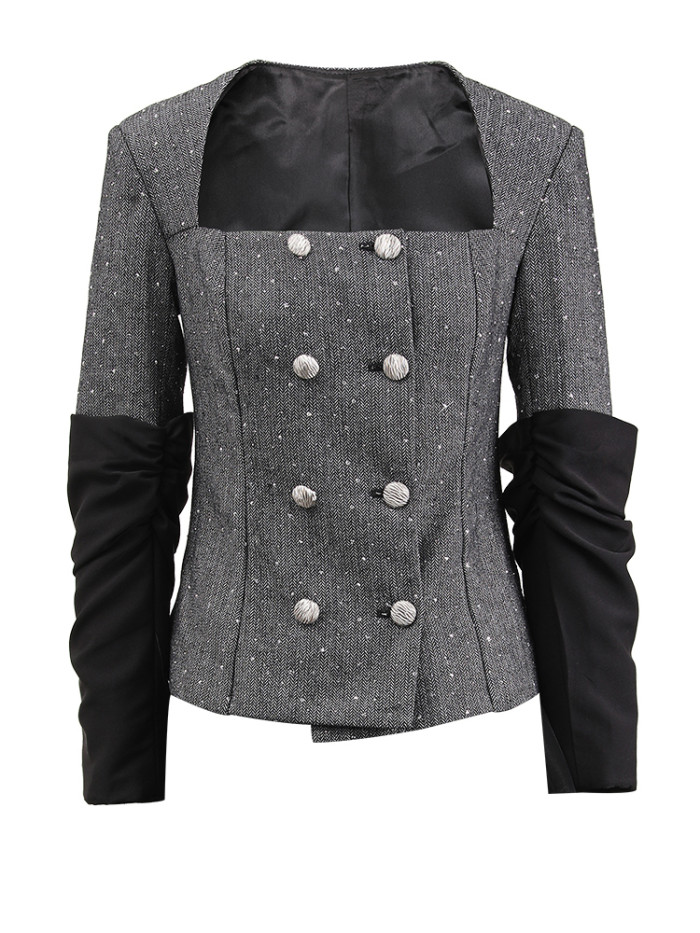 [EAM] Gray Blazer Half-body Skirt Two Pieces Suit New Square Collar Long Sleeve Women Fashion Tide Spring Autumn 2024 CPDB050
