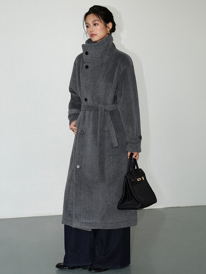 DEAT Fashion Women's Woolen Coat Turtleneck Loose Single Breasted Lined Sashes Gray Blends Overcoat Winter 2024 New Tide 7AB5447