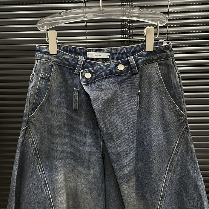 {EAM} Structural design dirty dirty make old jeans for women retro fashion wide-leg trousers DLZ184