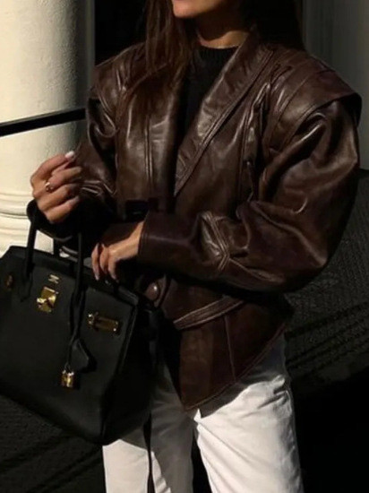 {EAM} New all-in-one vintage faux leather jacket with strap V-neck leather street trend DLZ198