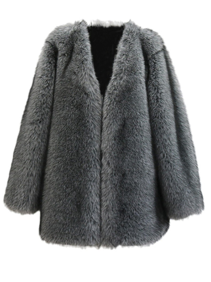 DEAT Fashion Women Faux Fur Coat V-neck Loose Long Sleeve Gray Thick Silver Fox Fur Imitation Fur Jacket Winter 2024 New 7AB6035