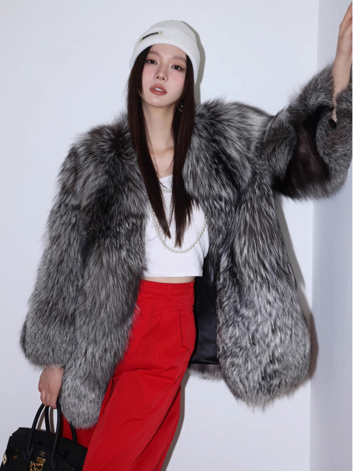 DEAT Fashion Women Faux Fur Coat V-neck Loose Long Sleeve Gray Thick Silver Fox Fur Imitation Fur Jacket Winter 2024 New 7AB6035