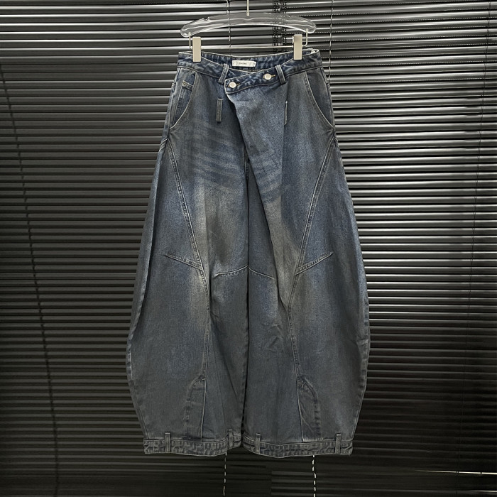 {EAM} Structural design dirty dirty make old jeans for women retro fashion wide-leg trousers DLZ184