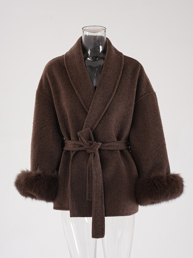 DEAT Fashion Women's Double-side Woolen Coat Lapel Loose Angola Red Sashes Fur Sleeves Short Coats Winter New Tide CPG2347