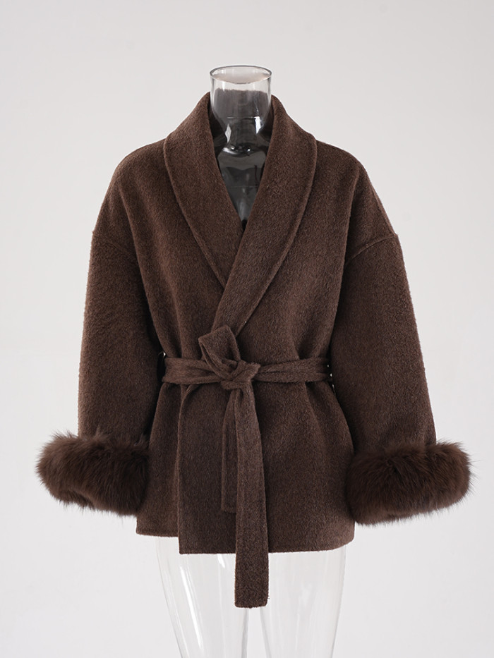 DEAT Fashion Women's Double-side Woolen Coat Lapel Loose Angola Red Sashes Fur Sleeves Short Coats Winter New Tide CPG2347