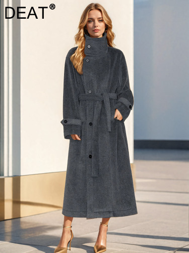DEAT Fashion Women's Woolen Coat Turtleneck Loose Single Breasted Lined Sashes Gray Blends Overcoat Winter 2024 New Tide 7AB5447