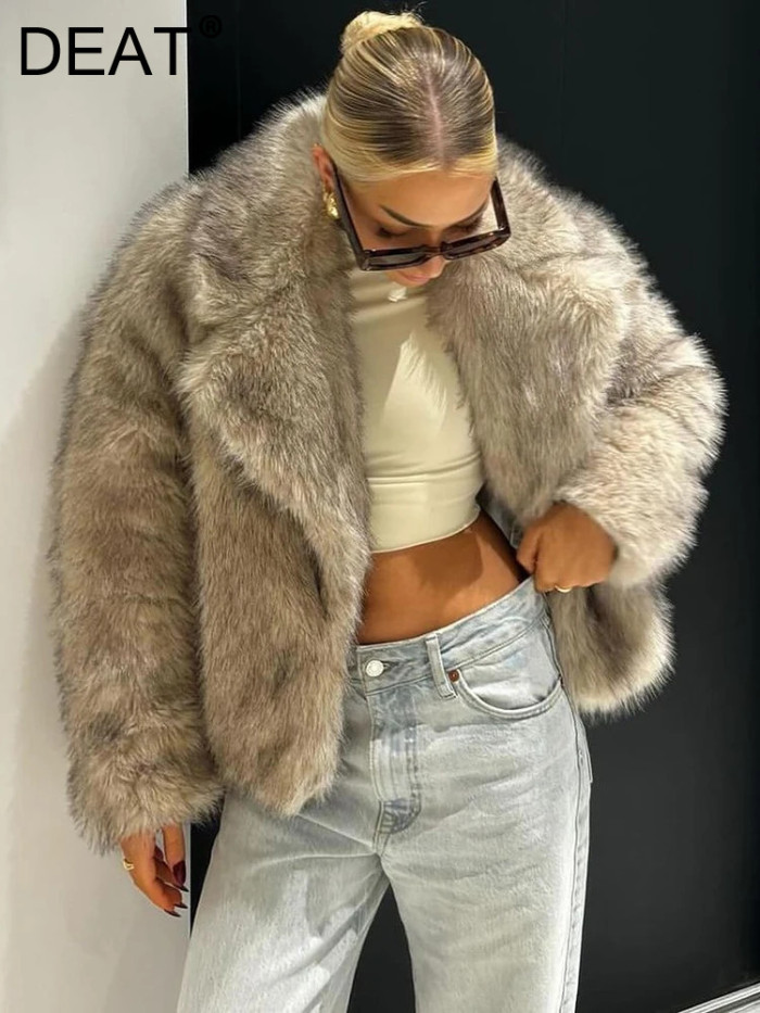 DEAT Fashion Women's Faux Fur Coat Lapel Loose Long Sleeve Thick Warm Imitating Fox Fur Short Coat Winter 2024 New Tide 7AB6034