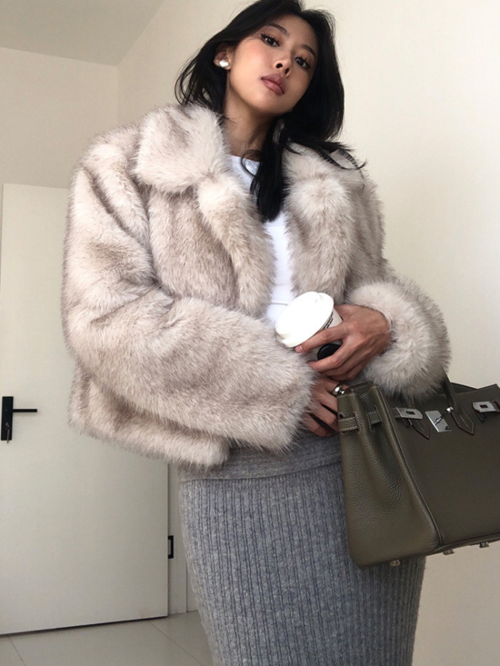 DEAT Fashion Women's Faux Fur Coat Lapel Loose Long Sleeve Thick Warm Imitating Fox Fur Short Coat Winter 2024 New Tide 7AB6034