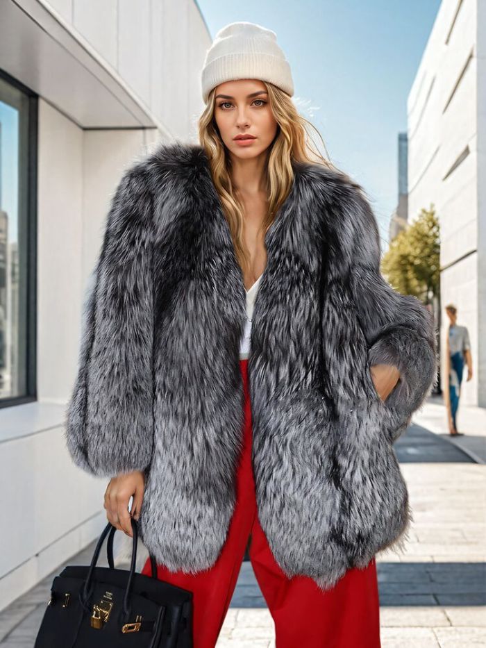 DEAT Fashion Women Faux Fur Coat V-neck Loose Long Sleeve Gray Thick Silver Fox Fur Imitation Fur Jacket Winter 2024 New 7AB6035