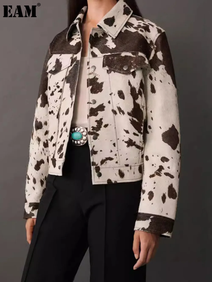 {EAM} Lapel irregular pattern short coat Europe and the United States cross-border 2024 autumn new long sleeve single row Button jacket DLZ192