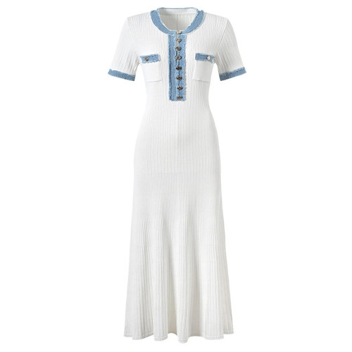 {EAM} Short sleeve jeans simple atmosphere slimming long knit dress DLZ225