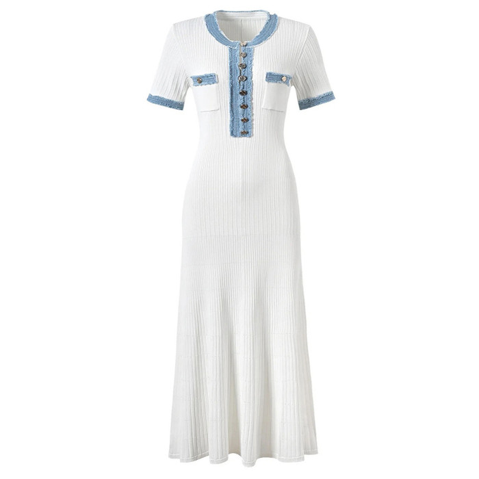 {EAM} Short sleeve jeans simple atmosphere slimming long knit dress DLZ225