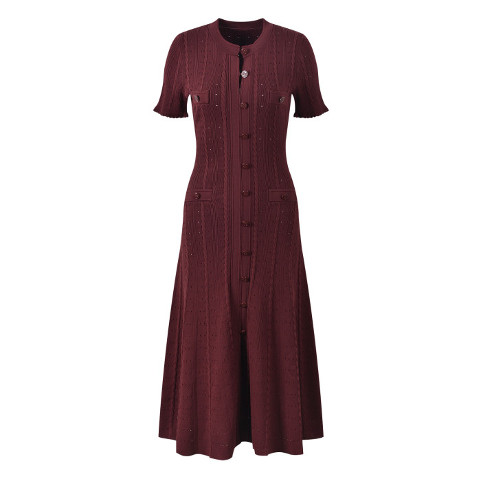 {EAM} French temperament girl short-sleeved wooden ear side hollow thread single-breasted knitted dress slim long skirt DLZ224