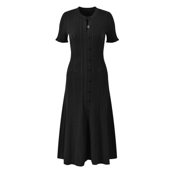 {EAM} French temperament girl short-sleeved wooden ear side hollow thread single-breasted knitted dress slim long skirt DLZ224
