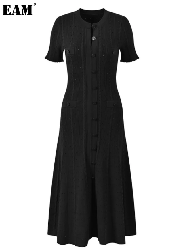 {EAM} French temperament girl short-sleeved wooden ear side hollow thread single-breasted knitted dress slim long skirt DLZ224